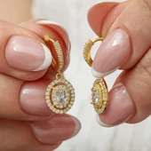 Gümüş Gold Oval Taşlı Sallantılı Küpe SL7992 thumbnail 1