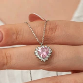 Gümüş Pembe Taşlı Kalp Kadın Kolye  SL8072 thumbnail 1