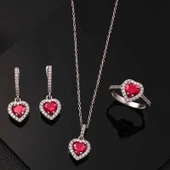 Gümüş Kırmızı Taşlı Kalpli Kadın Set SL6048 - 1