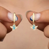 Gümüş Gold Mavi Renkli Sallantılı Kuş Kadın Küpe SL7502 thumbnail 2