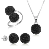 Gümüş Siyah Kristal Kadın Set SL4639 - 1