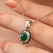 Gümüş Yeşil Çiçek Desenli Otantik Kadın Kolye SL9643 - 1