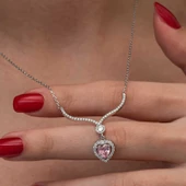 Gümüş Pembe Zirkon Taşlı Kalp Kadın Kolye SL9237 thumbnail 2