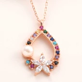 Gümüş Rose Renkli Taşlı Çiçekli Kadın Kolye SL5986 thumbnail 1