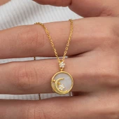 Gümüş Gold Sedef Taşlı Ay Yıldız Hilal Kadın Kolye SL9076 thumbnail 1