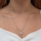 Gümüş Beyaz Zirkon Taşlı Kalp Kadın Kolye SL9219 - 3
