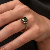 Gümüş Yeşil Çiçek Desenli Otantik Kadın Yüzük SL9797 thumbnail 5