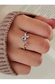 Çiçek Model Taşlı Mineli Gümüş Silver Renk Eklem Yüzük - 1