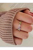 Pastel Renkli Çapraz Figürlü Gümüş Silver Renk Eklem Yüzük - 1