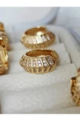 6'lı Oval Minimalist Hoop Zirkon Taşlı Altın Kaplama Gold Renk Küpe Seti thumbnail 3
