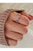 Pastel Renkli Çapraz Figürlü Gümüş Silver Renk Eklem Yüzük - 2