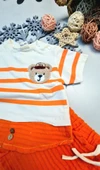 Erkek Bebek Çizgili Ayıcık Nakışlı Yazlık Müslin Kısa Kol Şort Takım - 2