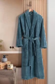 Pamuklu Kadife Şal Yaka Unisex Bornoz Petrol Yeşili ( L ) Bedeni thumbnail 1
