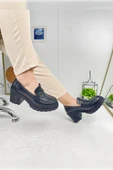 Günlük Kadın Loafer Tokalı Klasik Kalın Topuklu Tırtıklı Tabanlı Oval Burunlu Makosen Ayakkabı 76706 - 7
