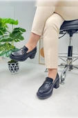Günlük Kadın Loafer Tokalı Klasik Kalın Topuklu Tırtıklı Tabanlı Oval Burunlu Makosen Ayakkabı 76706 - 5