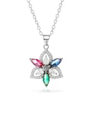 Bahar Çiçeği Üçgen Model Renkli Taşlı Kadın Gümüş Kolye thumbnail 1