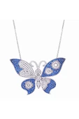 925 Ayar Mavi Taşlı  Kelebek Uzun Kadın Gümüş Kolye thumbnail 1