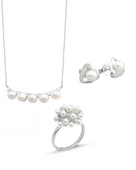Special Luxury Pearl Kadın Gümüş Kolye Küpe Yüzük İnci Set - 1