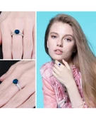 Safir Taşlı Diamond Yarımtur Tektaş Kadın Gümüş Yüzük - 2