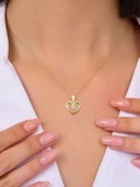 Çift Kalp Tektaş Gümüş Kolye Altın Kaplama thumbnail 2
