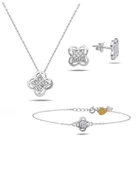 Swarovski Taşlı Elegant Yonca Kadın Gümüş Kolye Küpe Bileklik Set - 1