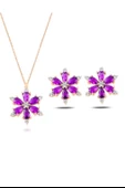 925 Ayar Lotus Çiçeği Ametist Taşlı Rose Kadın Kolye Küpe Set thumbnail 1
