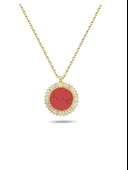 Mercan Taşlı Kırmızı Baget Gümüş Kolye Altın Kaplama thumbnail 1