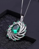 Zümrüt Oval Taşlı Luxury Vintage Kadın Gümüş Kolye Küpe Set - 4