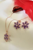 925 Ayar Lotus Çiçeği Ametist Taşlı Rose Kadın Kolye Küpe Set thumbnail 2