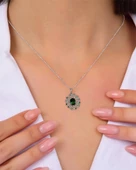 Zümrüt Oval Taşlı Luxury Vintage Kadın Gümüş Kolye - 2