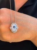 Gözlü Sedef Taşlı Fatma Ana Eli Kadın Gümüş Kolye thumbnail 2