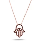 925 Ayar Siyah Taşlı Fatma Ana Eli Göz Kadın Gümüş Kolye thumbnail 1