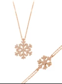 925 Ayar Gümüş Kar Tanesi Rose Gold Kadın Kolye Bileklik Set - 1