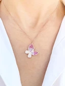 Gümüş Rose Renk Nano Taşlı Kadın Kelebek Gümüş Kolye thumbnail 5