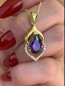 Gümüş Ametist Taşlı Su Damlası Altın Kaplama Kolye thumbnail 2