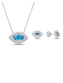 Deniz Mavisi Zirkon Taşlı Tektaş Kadın Gümüş Kolye Küpe Seti thumbnail 1