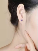 925 Ayar Ametist Taşlı Mor Renk Yuvarlak Tektaş Kadın Gümüş Küpe thumbnail 3