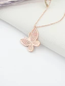 Gümüş Rose Renk Nano Taşlı Kadın Kelebek Gümüş Kolye thumbnail 4