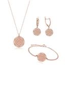 Rose Gold Gümüş Yaşam Çiçeği Kadın Kolye Küpe Bileklik Seti - 1