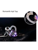 Gümüş Ametist Taşlı Çift Kalp Kadın Gümüş Kolye thumbnail 4