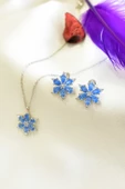 925 Ayar Lotus Çiçeği Aquamarin Taşlı Kadın Gümüş Kolye Küpe Set thumbnail 2