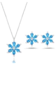 925 Ayar Lotus Çiçeği Aquamarin Taşlı Kadın Gümüş Kolye Küpe Set thumbnail 1