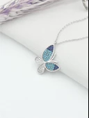 Mavi Geçişli Taşlı Kadın Kelebek Gümüş Kolye thumbnail 4