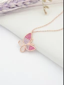 Gümüş Rose Renk Nano Taşlı Kadın Kelebek Gümüş Kolye thumbnail 2