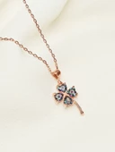 Gümüş Rose Renk Gizemli Taş Dört Yaprak Yonca Kadın Gümüş Kolye thumbnail 2