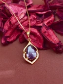 Gümüş Ametist Taşlı Su Damlası Altın Kaplama Kolye thumbnail 3