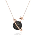 Rose Renk Gezegen Kolye Siyah Taşlı Gümüş Kadın Kolye thumbnail 1