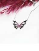 Gümüş Pembe Siyah Taş Geçişli Kelebek Kadın Gümüş Kolye thumbnail 2