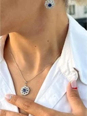 Gümüş Lüks Mavi Safir Taşlı Çiçek Model Kadın Kolye Küpe Set - 4