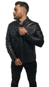 Büyük Beden Hakiki Deri Erkek Ceket Siyah Spor Kesim Dik Yaka Bright Siyah 6XL - 1